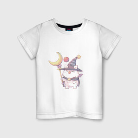 Детская футболка хлопок с принтом Кот волшебник в Белгороде, 100% хлопок | круглый вырез горловины, полуприлегающий силуэт, длина до линии бедер | волшебник | волшебство | кот | котик | маг | маскировка | посох | птичка | филин | шляпа