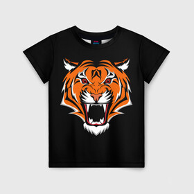 Детская футболка 3D с принтом ТИГР оскал в Белгороде, 100% гипоаллергенный полиэфир | прямой крой, круглый вырез горловины, длина до линии бедер, чуть спущенное плечо, ткань немного тянется | animal | beast | cat | cute | fluffy | hunter | lion | lion cub | lion king | mane | predator | red | tail | tiger | yellow | большая кошка | голова тигра | грива | животное | зверь | король лев | кот | милый | охотник | пушистый | тигр | тиг