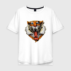 Мужская футболка хлопок Oversize с принтом Tiger Face в Белгороде, 100% хлопок | свободный крой, круглый ворот, “спинка” длиннее передней части | Тематика изображения на принте: animal | beast | cat | cute | fluffy | hunter | lion | lion cub | lion king | mane | predator | red | tail | tiger | yellow | большая кошка | голова тигра | грива | животное | зверь | король лев | кот | милый | охотник | пушистый | тигр | тиг