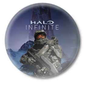 Значок с принтом Halo Infinite в Белгороде,  металл | круглая форма, металлическая застежка в виде булавки | 343 industries | мастер чиф | мъёльнир | ореол | спартанец