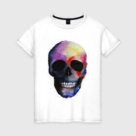Женская футболка хлопок с принтом Акварельный череп в Белгороде, 100% хлопок | прямой крой, круглый вырез горловины, длина до линии бедер, слегка спущенное плечо | акварельный череп | анархия | скелет | череп