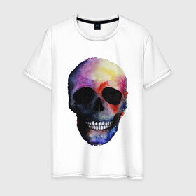 Мужская футболка хлопок с принтом Акварельный череп в Белгороде, 100% хлопок | прямой крой, круглый вырез горловины, длина до линии бедер, слегка спущенное плечо. | акварельный череп | анархия | скелет | череп
