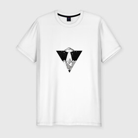 Мужская футболка хлопок Slim с принтом Летающая тарелка в Белгороде, 92% хлопок, 8% лайкра | приталенный силуэт, круглый вырез ворота, длина до линии бедра, короткий рукав | горы | летающая тарелка | нло | сюрреализм | черно белое