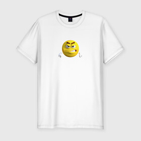 Мужская футболка хлопок Slim с принтом Злой постироничный смайл в Белгороде, 92% хлопок, 8% лайкра | приталенный силуэт, круглый вырез ворота, длина до линии бедра, короткий рукав | mem | мем | постирония | смайлик в очках | эмодзи | юмор