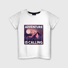 Детская футболка хлопок с принтом Adventure is calling в Белгороде, 100% хлопок | круглый вырез горловины, полуприлегающий силуэт, длина до линии бедер | forest | landscape | moon | mountain | mountains | nature | northern lights | polar lights | гора | горы | ели | ель | лес | луна | лучше гор могут быть только горы | пейзаж | приключение | приключения | природа | северное сияние | сосна | с