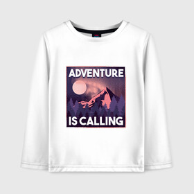 Детский лонгслив хлопок с принтом Adventure is calling в Белгороде, 100% хлопок | круглый вырез горловины, полуприлегающий силуэт, длина до линии бедер | forest | landscape | moon | mountain | mountains | nature | northern lights | polar lights | гора | горы | ели | ель | лес | луна | лучше гор могут быть только горы | пейзаж | приключение | приключения | природа | северное сияние | сосна | с