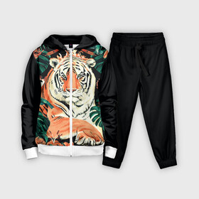 Детский костюм 3D с принтом Огненный Тигр в Цветах в Белгороде,  |  | black | cat | chill | relax | tiger | животные | коралловый | кот | кошки | лев | леопарды | огонь | отдых | паттерн | полосатый | полосы | растения | тигры | узор | цветы