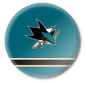 Значок с принтом Сан-Хосе Шаркс (Форма1) в Белгороде,  металл | круглая форма, металлическая застежка в виде булавки | акула | нхл | сан хосе шаркс | хоккей | шаркс форма
