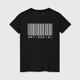 Женская футболка хлопок с принтом ANTISOCIAL в Белгороде, 100% хлопок | прямой крой, круглый вырез горловины, длина до линии бедер, слегка спущенное плечо | anti | antisocial | barcode | club | code | girl | girls | human | man | qr | social | woman | антисоциал | антисоциальный | клуб | код | люди | человек | штрих