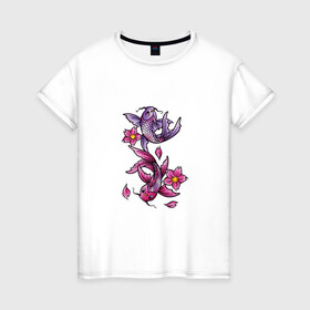 Женская футболка хлопок с принтом Рыбы цветы весна в Белгороде, 100% хлопок | прямой крой, круглый вырез горловины, длина до линии бедер, слегка спущенное плечо | весна | двое | нереальное сочетание | пара | подводный мир | рисунок | рыбки | рыбы | узор | фиолетовый | цветы