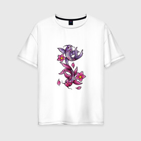 Женская футболка хлопок Oversize с принтом Рыбы цветы весна в Белгороде, 100% хлопок | свободный крой, круглый ворот, спущенный рукав, длина до линии бедер
 | весна | двое | нереальное сочетание | пара | подводный мир | рисунок | рыбки | рыбы | узор | фиолетовый | цветы