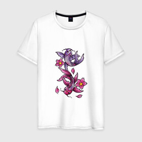 Мужская футболка хлопок с принтом Рыбы цветы весна в Белгороде, 100% хлопок | прямой крой, круглый вырез горловины, длина до линии бедер, слегка спущенное плечо. | весна | двое | нереальное сочетание | пара | подводный мир | рисунок | рыбки | рыбы | узор | фиолетовый | цветы
