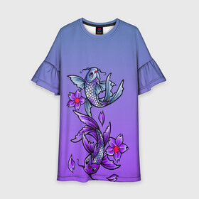 Детское платье 3D с принтом Рыбы и цветы в Белгороде, 100% полиэстер | прямой силуэт, чуть расширенный к низу. Круглая горловина, на рукавах — воланы | весна | градиент | двое | нереальное сочетание | пара | подводный мир | рыбки | рыбы | узор | фиолетовый | цветы
