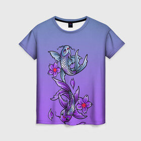 Женская футболка 3D с принтом Рыбы и цветы в Белгороде, 100% полиэфир ( синтетическое хлопкоподобное полотно) | прямой крой, круглый вырез горловины, длина до линии бедер | весна | градиент | двое | нереальное сочетание | пара | подводный мир | рыбки | рыбы | узор | фиолетовый | цветы