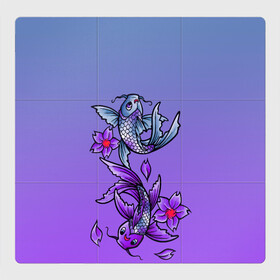 Магнитный плакат 3Х3 с принтом Рыбы и цветы в Белгороде, Полимерный материал с магнитным слоем | 9 деталей размером 9*9 см | весна | градиент | двое | нереальное сочетание | пара | подводный мир | рыбки | рыбы | узор | фиолетовый | цветы