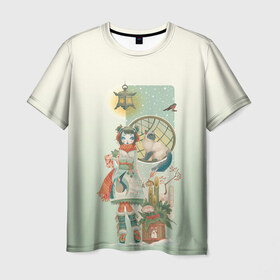 Мужская футболка 3D с принтом девушка кимоно зима Япония кот в Белгороде, 100% полиэфир | прямой крой, круглый вырез горловины, длина до линии бедер | аниме | девушка | зима | кимоно | кот | снегирь | стиль | традиционная одежда | тросник | фонарь | япония