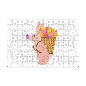 Пазл магнитный 126 элементов с принтом Весенний кролик с цветами в Белгороде, полимерный материал с магнитным слоем | 126 деталей, размер изделия —  180*270 мм | Тематика изображения на принте: бабочка | зайчик | кролик | тюльпаны | цветы