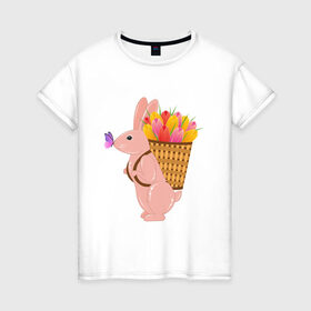 Женская футболка хлопок с принтом Весенний кролик с цветами в Белгороде, 100% хлопок | прямой крой, круглый вырез горловины, длина до линии бедер, слегка спущенное плечо | бабочка | зайчик | кролик | тюльпаны | цветы
