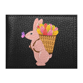 Обложка для студенческого билета с принтом Весенний кролик с цветами в Белгороде, натуральная кожа | Размер: 11*8 см; Печать на всей внешней стороне | Тематика изображения на принте: бабочка | зайчик | кролик | тюльпаны | цветы