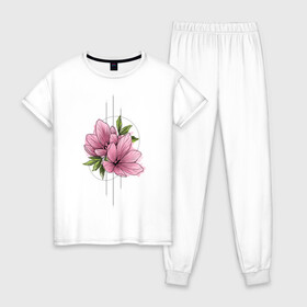 Женская пижама хлопок с принтом Watercolour flowers в Белгороде, 100% хлопок | брюки и футболка прямого кроя, без карманов, на брюках мягкая резинка на поясе и по низу штанин | 8 марта | girl | woman | бабушка | весна | девушкам | девушке | девушки | женский | листья | мама | март | подарок | тренд | цветочки | цветы