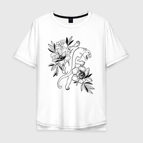 Мужская футболка хлопок Oversize с принтом кошка с цветами тату  в Белгороде, 100% хлопок | свободный крой, круглый ворот, “спинка” длиннее передней части | tatoo | азия | ботаника | луна | скульптура | тату | тренд | цветок | цветы