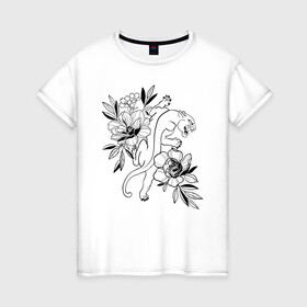 Женская футболка хлопок с принтом кошка с цветами тату  в Белгороде, 100% хлопок | прямой крой, круглый вырез горловины, длина до линии бедер, слегка спущенное плечо | tatoo | азия | ботаника | луна | скульптура | тату | тренд | цветок | цветы