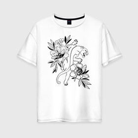 Женская футболка хлопок Oversize с принтом кошка с цветами тату  в Белгороде, 100% хлопок | свободный крой, круглый ворот, спущенный рукав, длина до линии бедер
 | tatoo | азия | ботаника | луна | скульптура | тату | тренд | цветок | цветы