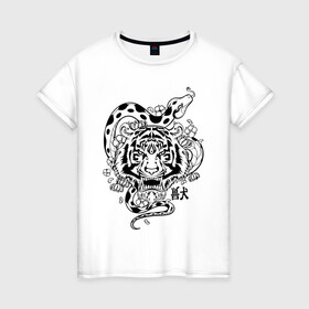 Женская футболка хлопок с принтом тигр и змея  в Белгороде, 100% хлопок | прямой крой, круглый вырез горловины, длина до линии бедер, слегка спущенное плечо | tatoo | ботаника | змея | иероглифы | тату | тигр | тренд | цветок
