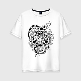 Женская футболка хлопок Oversize с принтом тигр и змея  в Белгороде, 100% хлопок | свободный крой, круглый ворот, спущенный рукав, длина до линии бедер
 | tatoo | ботаника | змея | иероглифы | тату | тигр | тренд | цветок