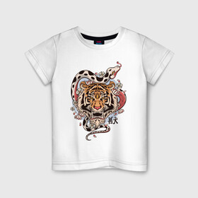 Детская футболка хлопок с принтом тигр  со змеей  в Белгороде, 100% хлопок | круглый вырез горловины, полуприлегающий силуэт, длина до линии бедер | tatoo | ботаника | змея | иероглифы | тату | тигр | тренд | цветок
