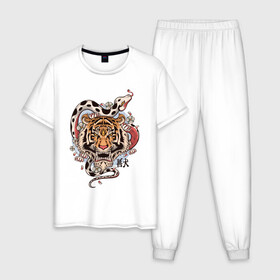 Мужская пижама хлопок с принтом тигр  со змеей  в Белгороде, 100% хлопок | брюки и футболка прямого кроя, без карманов, на брюках мягкая резинка на поясе и по низу штанин
 | tatoo | ботаника | змея | иероглифы | тату | тигр | тренд | цветок
