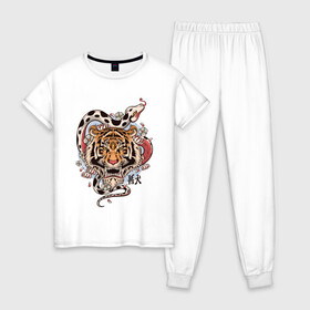 Женская пижама хлопок с принтом тигр  со змеей  в Белгороде, 100% хлопок | брюки и футболка прямого кроя, без карманов, на брюках мягкая резинка на поясе и по низу штанин | tatoo | ботаника | змея | иероглифы | тату | тигр | тренд | цветок