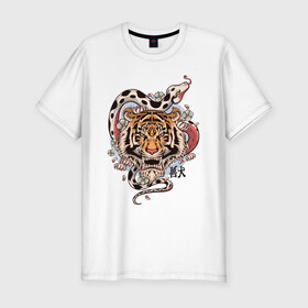 Мужская футболка хлопок Slim с принтом тигр  со змеей  в Белгороде, 92% хлопок, 8% лайкра | приталенный силуэт, круглый вырез ворота, длина до линии бедра, короткий рукав | tatoo | ботаника | змея | иероглифы | тату | тигр | тренд | цветок