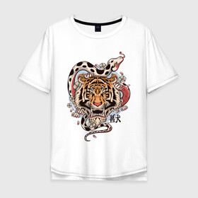 Мужская футболка хлопок Oversize с принтом тигр  со змеей  в Белгороде, 100% хлопок | свободный крой, круглый ворот, “спинка” длиннее передней части | tatoo | ботаника | змея | иероглифы | тату | тигр | тренд | цветок
