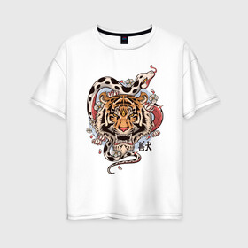 Женская футболка хлопок Oversize с принтом тигр  со змеей  в Белгороде, 100% хлопок | свободный крой, круглый ворот, спущенный рукав, длина до линии бедер
 | tatoo | ботаника | змея | иероглифы | тату | тигр | тренд | цветок