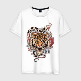 Мужская футболка хлопок с принтом тигр  со змеей  в Белгороде, 100% хлопок | прямой крой, круглый вырез горловины, длина до линии бедер, слегка спущенное плечо. | tatoo | ботаника | змея | иероглифы | тату | тигр | тренд | цветок