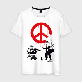 Мужская футболка хлопок с принтом Make peace no war | Banksy в Белгороде, 100% хлопок | прямой крой, круглый вырез горловины, длина до линии бедер, слегка спущенное плечо. | art | banksy | street art | арт | бэнкси | граффити | со смыслом | сосмыслом | стритарт