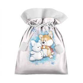 Подарочный 3D мешок с принтом Корги и снеговик в Белгороде, 100% полиэстер | Размер: 29*39 см | Тематика изображения на принте: зима | корги | малыш | снеговик | снежинки | собака | щенок