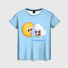 Женская футболка 3D с принтом Ребёнок солнца и дождя в Белгороде, 100% полиэфир ( синтетическое хлопкоподобное полотно) | прямой крой, круглый вырез горловины, длина до линии бедер | детские рисунки | дождь | облако | погода | радуга | ребёнок солнца и дождя | родители | синий фон | солнце
