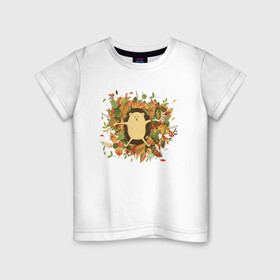 Детская футболка хлопок с принтом Осенний ежик в Белгороде, 100% хлопок | круглый вырез горловины, полуприлегающий силуэт, длина до линии бедер | ёжик | животные | листья | милый ёжик | осень