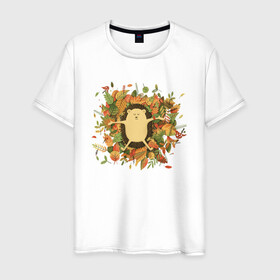 Мужская футболка хлопок с принтом Осенний ежик в Белгороде, 100% хлопок | прямой крой, круглый вырез горловины, длина до линии бедер, слегка спущенное плечо. | ёжик | животные | листья | милый ёжик | осень