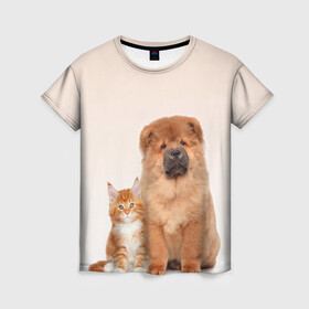 Женская футболка 3D с принтом щенок и котенок друзья в Белгороде, 100% полиэфир ( синтетическое хлопкоподобное полотно) | прямой крой, круглый вырез горловины, длина до линии бедер | ветеринару | друзья | животные домашние | кот | котенок | любителю собак | млекопитающее | мультипликационный персонаж | мультяшная собака | мэй кун | песики | питомцы | псы | собакены | собаки