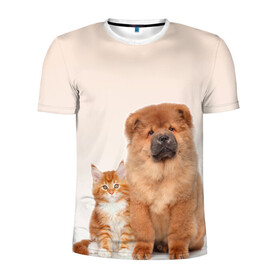 Мужская футболка 3D спортивная с принтом щенок и котенок друзья в Белгороде, 100% полиэстер с улучшенными характеристиками | приталенный силуэт, круглая горловина, широкие плечи, сужается к линии бедра | ветеринару | друзья | животные домашние | кот | котенок | любителю собак | млекопитающее | мультипликационный персонаж | мультяшная собака | мэй кун | песики | питомцы | псы | собакены | собаки