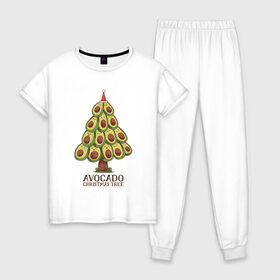 Женская пижама хлопок с принтом Avocado Christmas Tree в Белгороде, 100% хлопок | брюки и футболка прямого кроя, без карманов, на брюках мягкая резинка на поясе и по низу штанин | claus | cute | nature | new year | santa | tree | авокадо | адвокадо | дед мороз | дед отмороз | ёлка | ель | из авокадо | колпак | косточка | милота | милые авокадо | новый год | прикол | природа | рождественское дерево