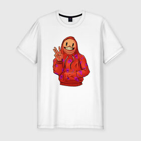 Мужская футболка хлопок Slim с принтом Арт пакман в Белгороде, 92% хлопок, 8% лайкра | приталенный силуэт, круглый вырез ворота, длина до линии бедра, короткий рукав | Тематика изображения на принте: арт | оранжевый | пакман | парень | три | человек