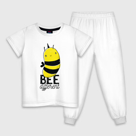 Детская пижама хлопок с принтом Be Different - Прикол с пчелой в Белгороде, 100% хлопок |  брюки и футболка прямого кроя, без карманов, на брюках мягкая резинка на поясе и по низу штанин
 | Тематика изображения на принте: art | bee | cute | hornet | lettering | pun | retro | vintage | wasp | арт | будь другим | будь разным | винтаж | все разные | выделяйся | игра слов | иллюстрация | каламбур | леттеринг | насекомое | оса | отличайся | пчела | пчелка
