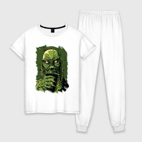 Женская пижама хлопок с принтом Болотный монстр с коктейлем в Белгороде, 100% хлопок | брюки и футболка прямого кроя, без карманов, на брюках мягкая резинка на поясе и по низу штанин | 666 | astral | beast | bloody | creep | evil dead | funny | halloween | horror merch | milk shake | milkshake | monster | pinhead | scream | swamp | terror noise | астрал | болото | герои ужаса | молочный коктейль | прикол | трубочка | ужасы | 