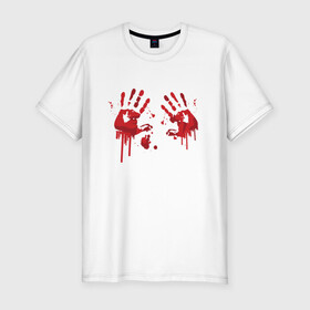 Мужская футболка хлопок Slim с принтом Кровавые отпечатки рук в Белгороде, 92% хлопок, 8% лайкра | приталенный силуэт, круглый вырез ворота, длина до линии бедра, короткий рукав | Тематика изображения на принте: blood | bloody | creep | creepy | death | halloween | hand | hands | horror | kill | merch | murded | spooky | victim | жертва | капли | кровь | мерч | пятна | пятно | руки | след | следы | ужас | ужасы | ужасы мерч | хорро