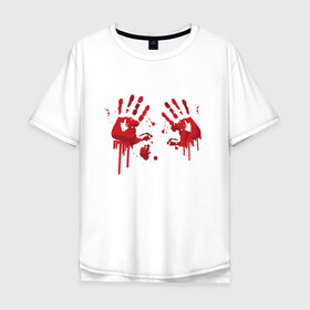 Мужская футболка хлопок Oversize с принтом Кровавые отпечатки рук в Белгороде, 100% хлопок | свободный крой, круглый ворот, “спинка” длиннее передней части | blood | bloody | creep | creepy | death | halloween | hand | hands | horror | kill | merch | murded | spooky | victim | жертва | капли | кровь | мерч | пятна | пятно | руки | след | следы | ужас | ужасы | ужасы мерч | хорро