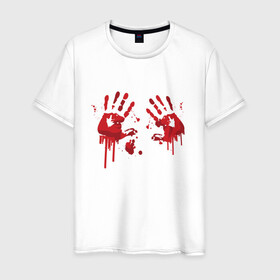 Мужская футболка хлопок с принтом Кровавые отпечатки рук в Белгороде, 100% хлопок | прямой крой, круглый вырез горловины, длина до линии бедер, слегка спущенное плечо. | blood | bloody | creep | creepy | death | halloween | hand | hands | horror | kill | merch | murded | spooky | victim | жертва | капли | кровь | мерч | пятна | пятно | руки | след | следы | ужас | ужасы | ужасы мерч | хорро